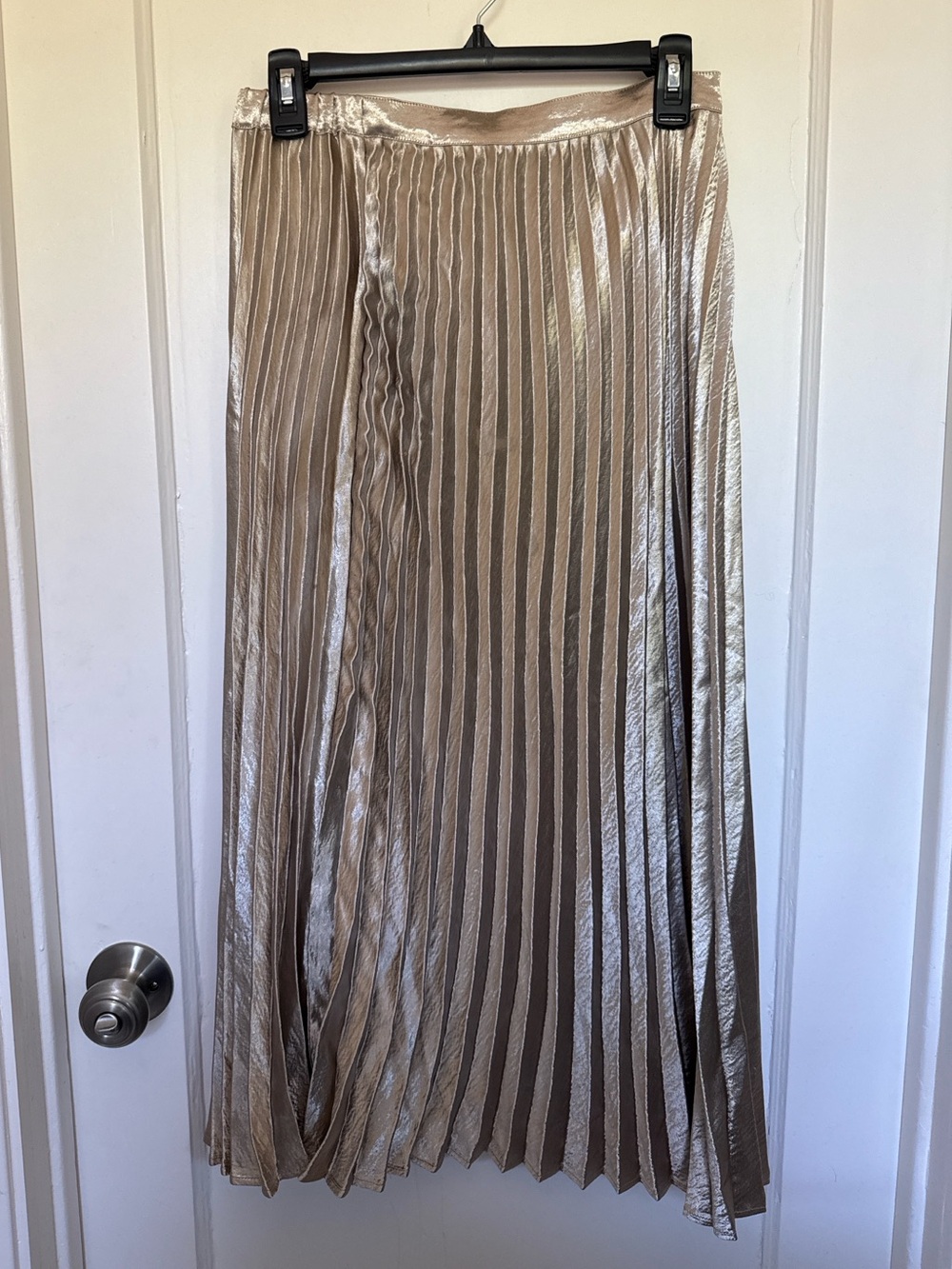 Champagne Metallic Pleated Midi Skirt – Satin Shimmer Maxi Skirt NWT